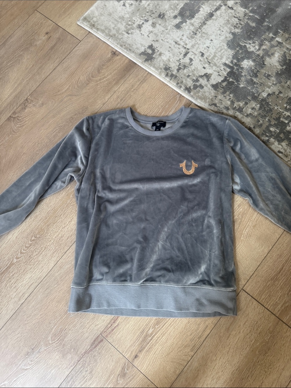 True Religion Women's Gray Velour Crewneck Sweatshirt with Gold Logo